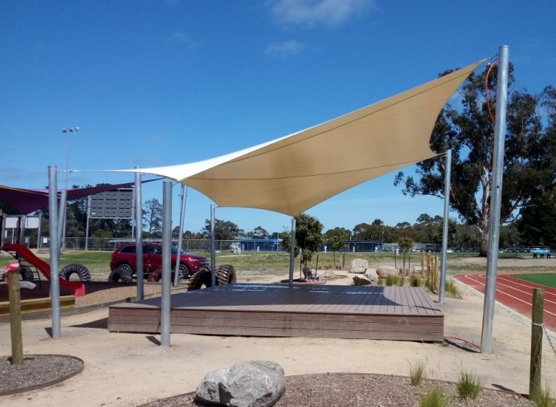 A waterproof PVC shade sail structure designed to represent an amphitheatre at a school.